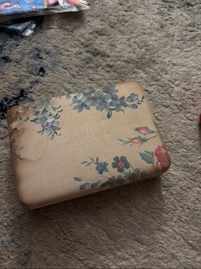 Antique Beige Floral Storage Box with Blue and Pink Accents
